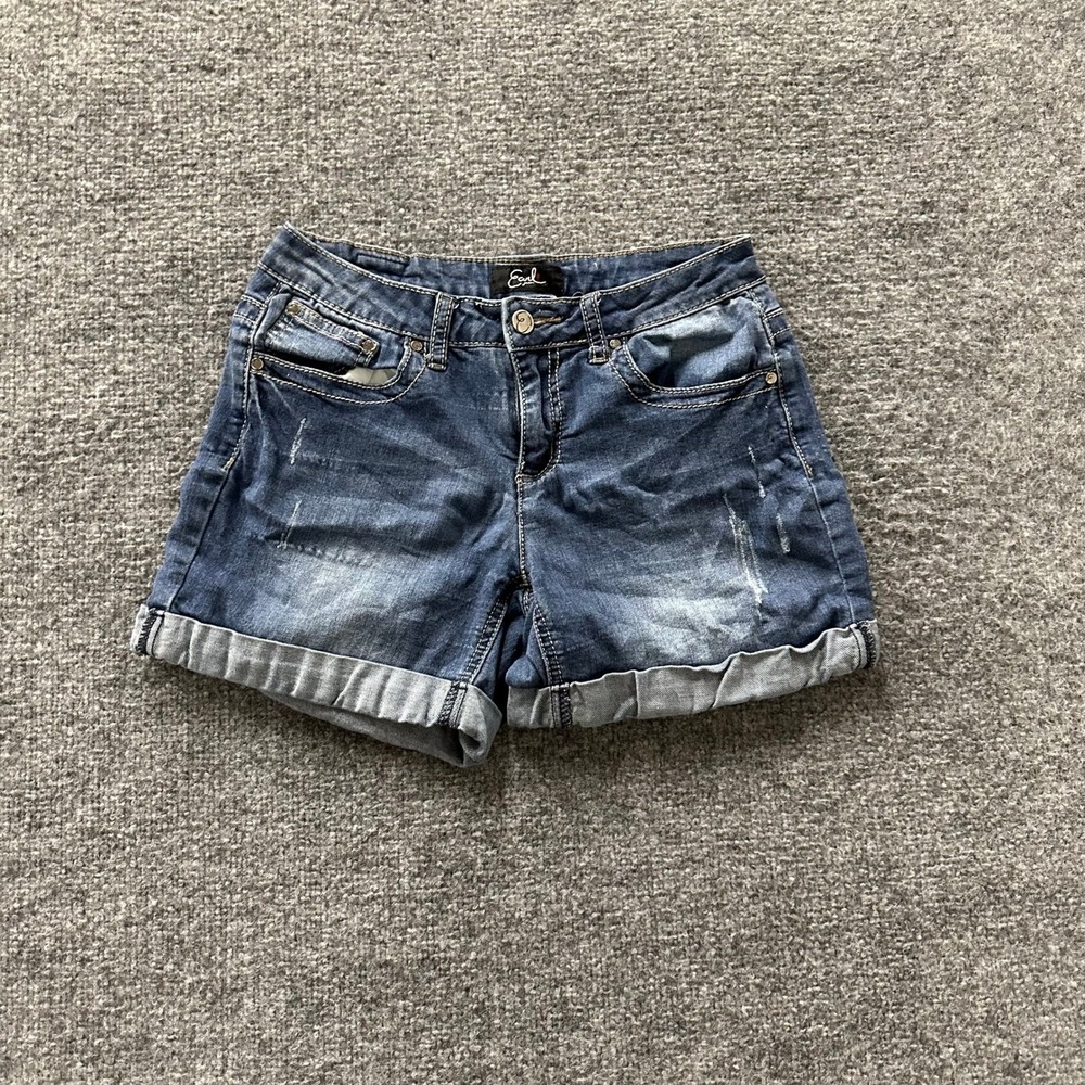 Earl Jean Shorts Womens Size 4 Blue Denim Cuffed Rayon Stretch Embroidered